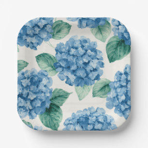Hydrangea Blues Floral Watercolor Botanical Blooms Paper Plates