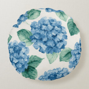 Hydrangea Blues Floral Watercolor Botanical Blooms Round Pillow