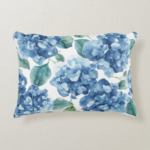 Hydrangea Blues Watercolor Blooms Flower Pattern Accent Pillow