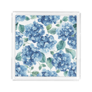 Hydrangea Blues Watercolor Blooms Flower Pattern Acrylic Tray
