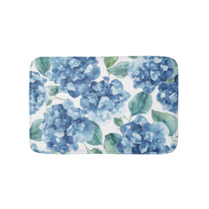 Hydrangea Blues   Watercolor Blooms Flower Pattern Bath Mat
