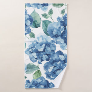 Hydrangea Blues Watercolor Blooms Flower Pattern Bath Towel