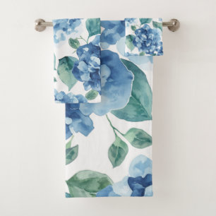 Hydrangea Blues Watercolor Blooms Flower Pattern Bath Towel Set