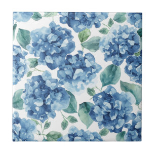 Hydrangea Blues Watercolor Blooms Flower Pattern Ceramic Tile