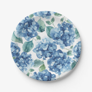 Hydrangea Blues Watercolor Blooms Flower Pattern Paper Plates