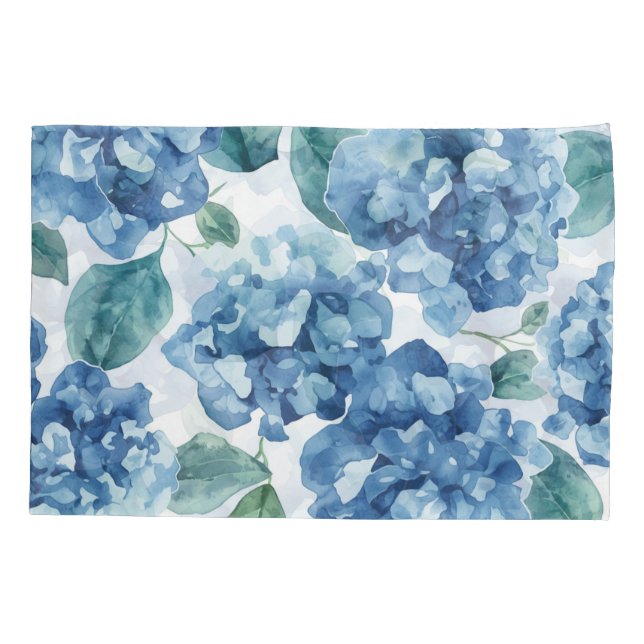 Hydrangea Blues | Watercolor Blooms Flower Pattern Pillow Case (Back)