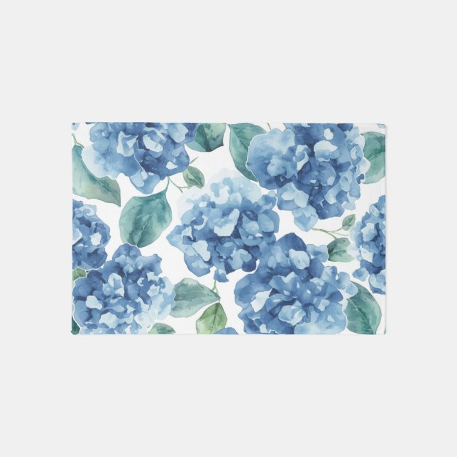 Hydrangea Blues | Watercolor Blooms Flower Pattern Rug (Front)