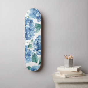 Hydrangea Blues   Watercolor Blooms Flower Pattern Skateboard