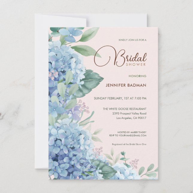 Hydrangea Blush Pink Dusty Blue Bridal Shower Invitation (Front)