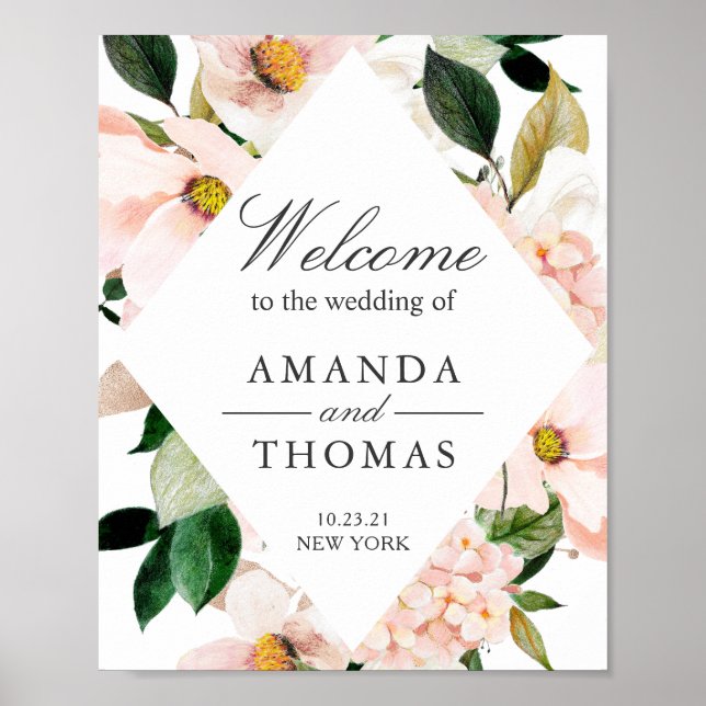 Hydrangea Blush Pink Floral Wedding Welcome Sign (Front)