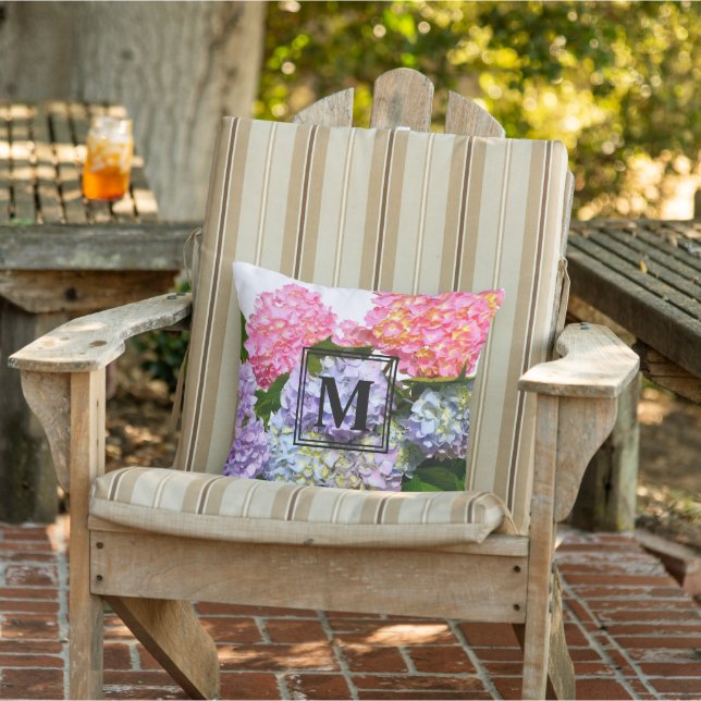 Hydrangea Bouquet pink flowers blue purple floral Outdoor Pillow (Chair)