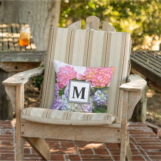 Hydrangea Bouquet pink flowers blue purple floral Outdoor Pillow (Chair)