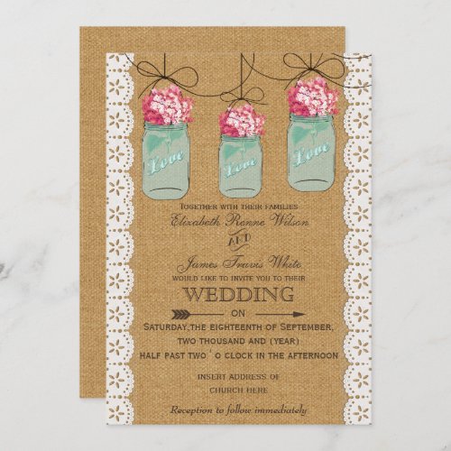 hydrangea burlap Rustic mason jar wedding Invitation