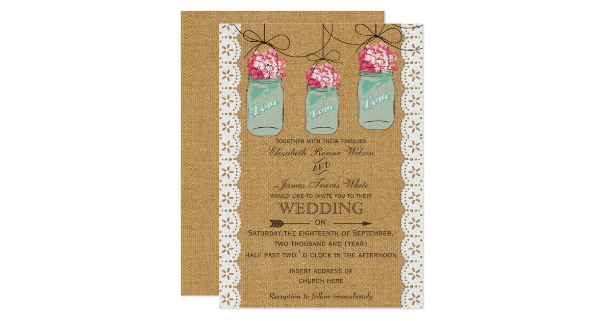 burlap mason jar wedding invitations