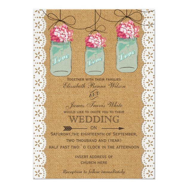 Hydrangea Burlap Rustic Mason Jar Wedding Invites