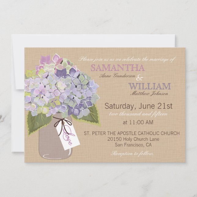 Hydrangea Burlap Rustic Wedding Invitation Card (Front)