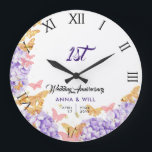 Hydrangea Butterfly Boho Chic Wedding Anniversary Large Clock<br><div class="desc">A boho chic, modern, elegant, personalized wedding anniversary keepsake clock featuring a wreath of pink and gold butterflies (this is a digital effect, not real foil), purple hydrangeas, modern typography and the words "Wedding Anniversary" in elegant calligraphy, as well as roman numerals for the clock face. A nice custom wedding...</div>