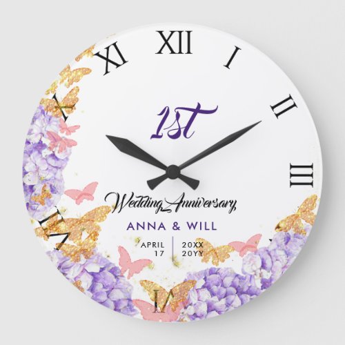 Hydrangea Butterfly Boho Chic Wedding Anniversary Large Clock