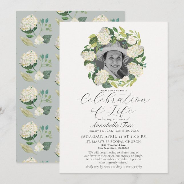 Hydrangea Celebration of Life Funeral Memorial Invitation (Front/Back)
