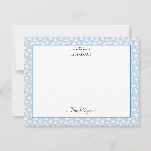 Hydrangea Chintz Blue and White Flat Thank You Note Card (Front)