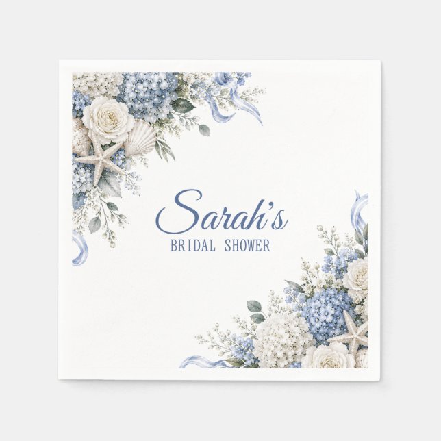 Hydrangea Coastal Bridal Shower Personalized Napkins (Front)