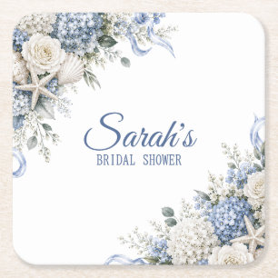 Hydrangea Coastal Bridal Shower Personalized Square Paper Coaster