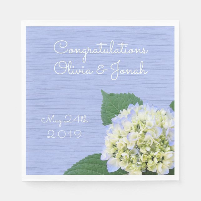 Hydrangea Congratulations Wood Grain Wedding Napkins (Front)