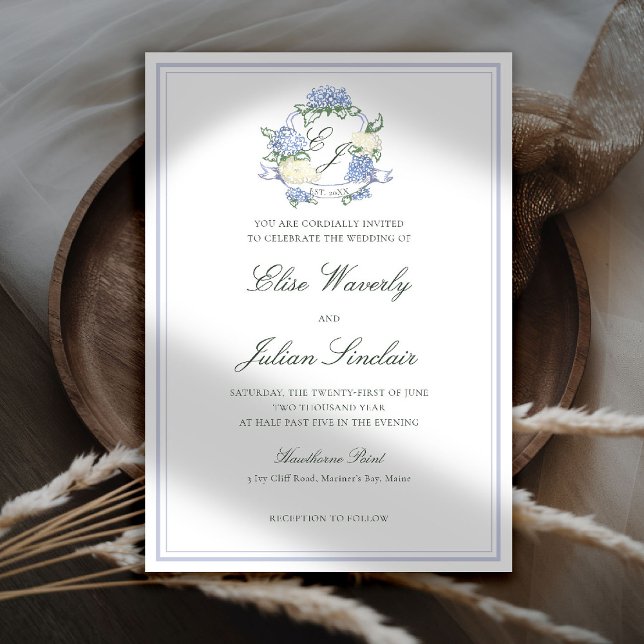 Hydrangea Crest Formal Blue Frame Coastal Wedding Invitation (hydrangea wedding invitation coastal cottagecore romantic garden formal elegant crest)