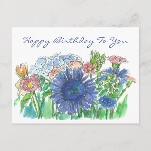 Hydrangea Daisy Watercolor Flowers Happy Birthday Postcard
