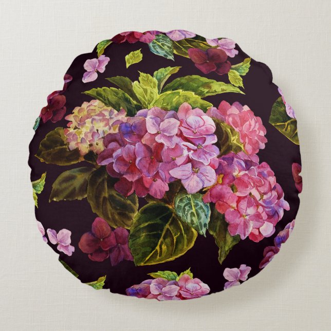 Hydrangea, dark, seamless floral pattern. round pillow (Front)