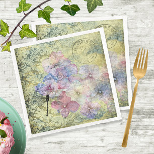 Hydrangea Dragonfly Postmark Ephemera Decoupage Napkins