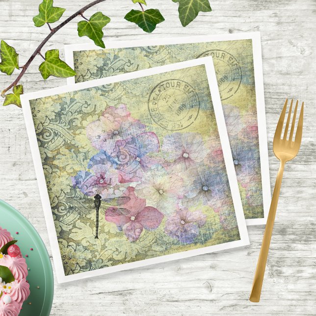 Hydrangea Dragonfly Postmark Ephemera Decoupage Napkins (Creator Uploaded)