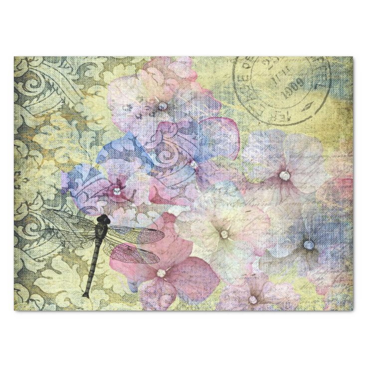 Hydrangea Dragonfly Postmark Ephemera Decoupage Tissue Paper Zazzle
