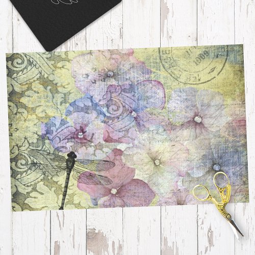 Hydrangea Dragonfly Postmark Ephemera Decoupage Tissue Paper