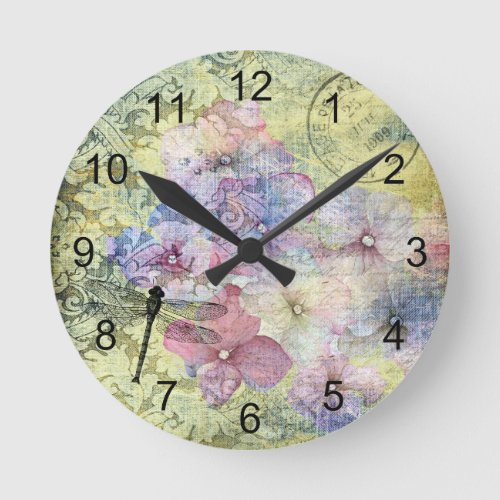 Hydrangea Dragonfly Postmark Ephemera Round Clock