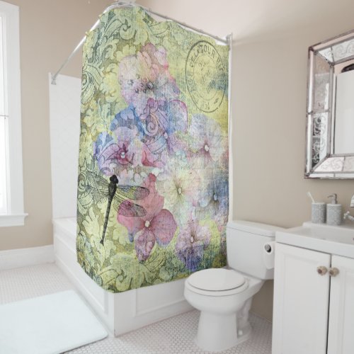 Hydrangea Dragonfly Postmark Ephemeral Shower Curtain