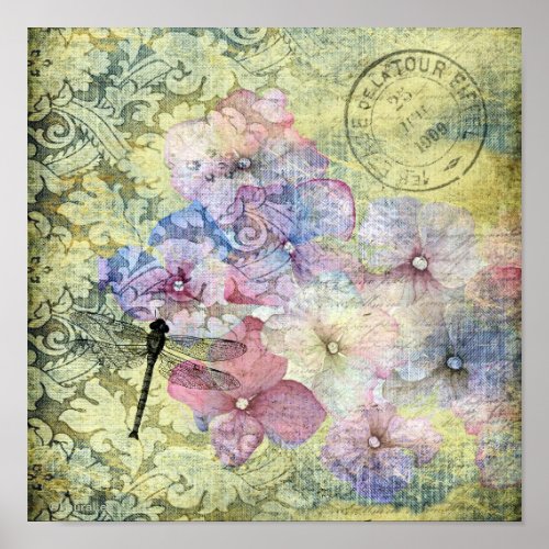 Hydrangea Dragonfly Postmark Grunge Poster