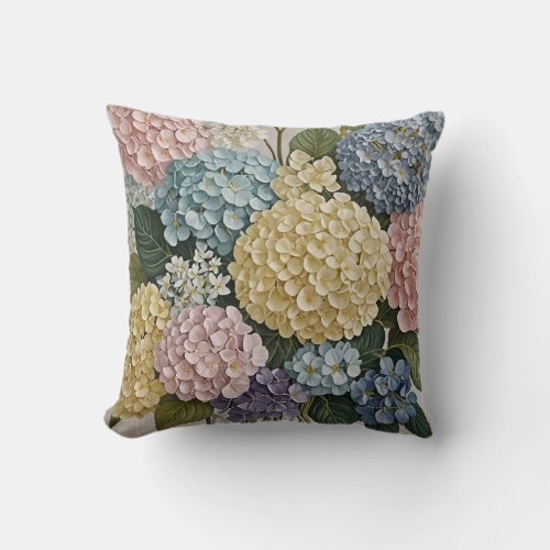 Hydrangea Dreams Pastel Blooms Throw Pillow