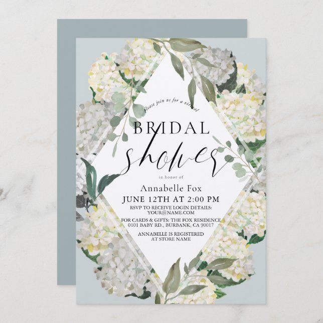 Hydrangea Dusty Blue Rhonbus Virtual Bridal Shower Invitation (Front/Back)