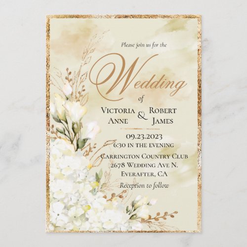 Hydrangea Elegant White Gold Floral Wedding  Invitation