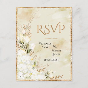 Hydrangea Elegant White Gold Floral Wedding RSVP Postcard