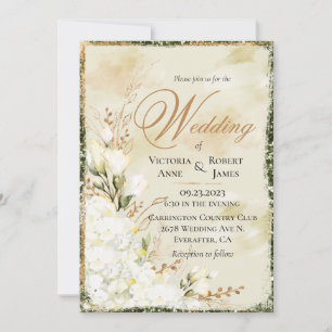 Hydrangea Elegant White Gold Green Floral Wedding Invitation