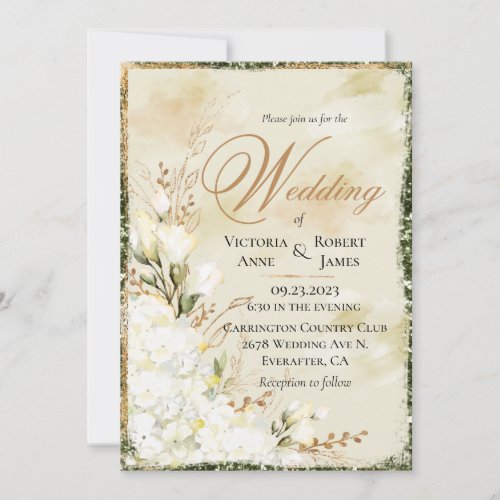 Hydrangea Elegant White Gold Green Floral Wedding Invitation