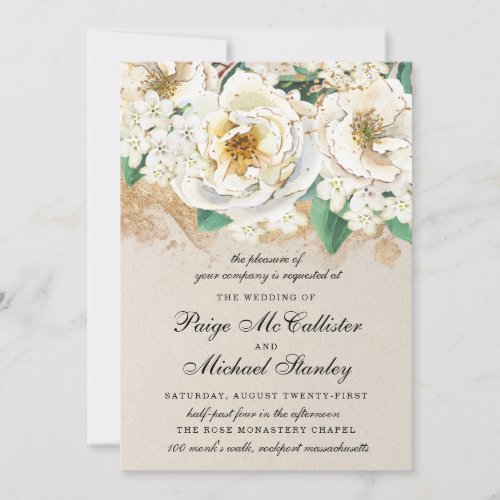 Hydrangea Elegant White Gold Rose Floral Invitation