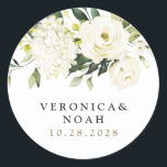 Hydrangea Elegant White Gold Rose Floral Wedding Classic Round Sticker<br><div class="desc">Design features elegant hydrangea and rose watercolor elements in shades of white,  gold,  ivory,  champagne and other neutral colors over greenery,  eucalyptus and other botanical foliage.</div>