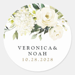 Hydrangea Elegant White Gold Rose Floral Wedding Classic Round Sticker