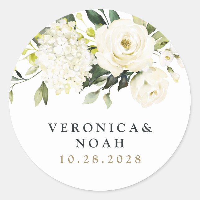 Hydrangea Elegant White Gold Rose Floral Wedding Classic Round Sticker (Front)