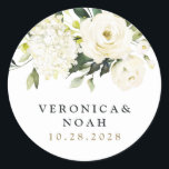 Hydrangea Elegant White Gold Rose Floral Wedding Classic Round Sticker<br><div class="desc">Design features elegant hydrangea and rose watercolor elements in shades of white,  gold,  ivory,  champagne and other neutral colors over greenery,  eucalyptus and other botanical foliage.</div>