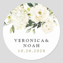 Hydrangea Elegant White Gold Rose Floral Wedding Classic Round Sticker