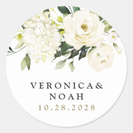 Hydrangea Elegant White Gold Rose Floral Wedding Classic Round Sticker
